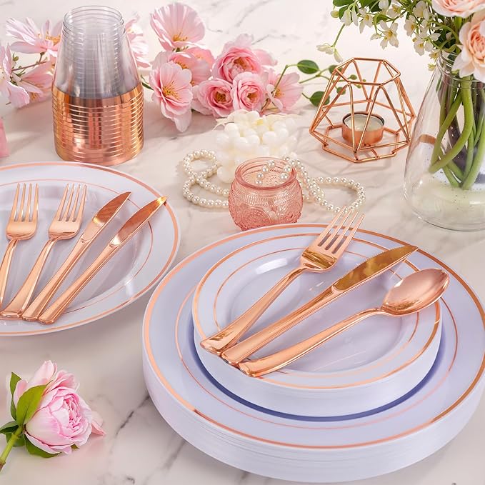 WELLIFE 600 PCS Rose Gold Disposable Dinnerware Set for 100 Guests, Valentine's Day Plate, 100 Each-Dinner & Salad Plates, Cups, Forks Knives Spoons for Wedding Reception and Mothers Day Plates