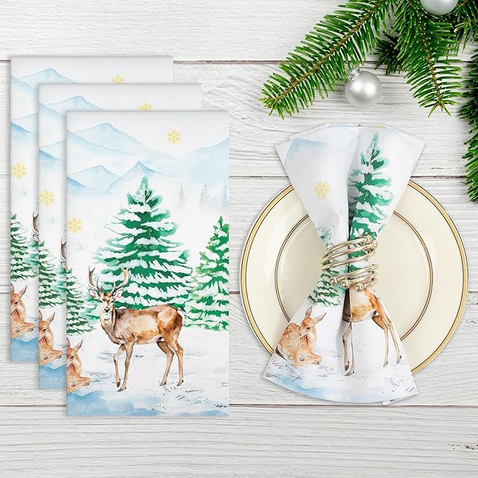 Winter Pine Tree Napkins, 18×18 Inch Woodland Deer Dinner Cloth Napkins Set of 6, Washable Cotton Soft Absorbent Square Napkins for Dining Kitchen Party Wedding Decoration