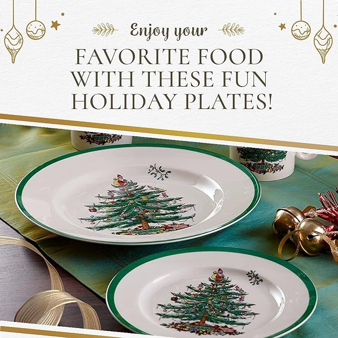 Spode Christmas Tree 10.5" Dinner Plate (Set of 4) - Festive Holiday Stoneware Plate with Christmas Tree & Green Borders, Microwave, Dishwasher, Freezer & Oven Safe - Holiday Tableware