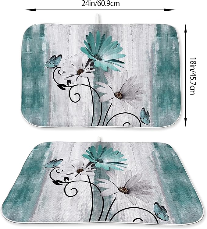 Rustic Daisy Floral Dish Drying Mats 18x24 Inches for Kitchen Counter Vintage Teal Blue Kitchen Decorations Drying Mats Seasonal Outdoor Decor Mat Drying Pad for Office Dining Room Decor
