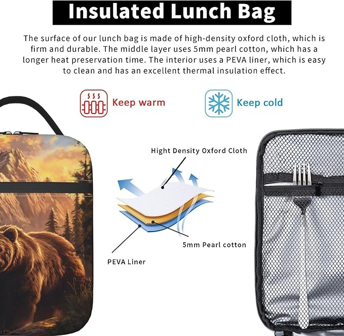 Bear Lunch Box for Adults Women Girls Boys Kids Animal Lunch Box Insulated Cooler Reusable Lunch Bag Container Gifts for Work Office Picnic Travel School
