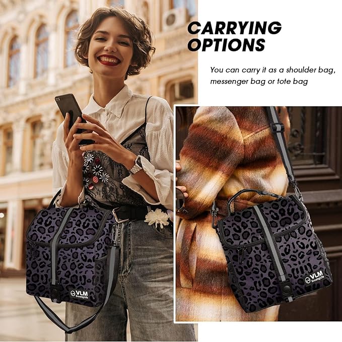 VLM Lunch Bags for Women,Leakproof Insulated Floral Lunch Box with Adjustable Shoulder Strap Reusable Zipper Cooler Tote Bag for Work,Picnic,Camping Leopard-Purple