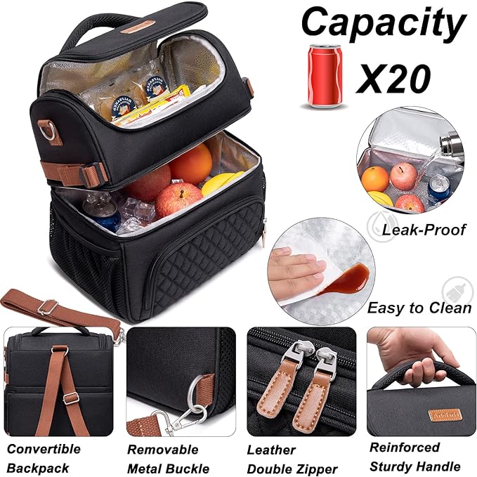 Artelaris Lunch Bag for Women, Large Double Deck Lunch Box Tote for Work, Dual Compartment Insulated Leakproof Lunchbox Cooler for Adult