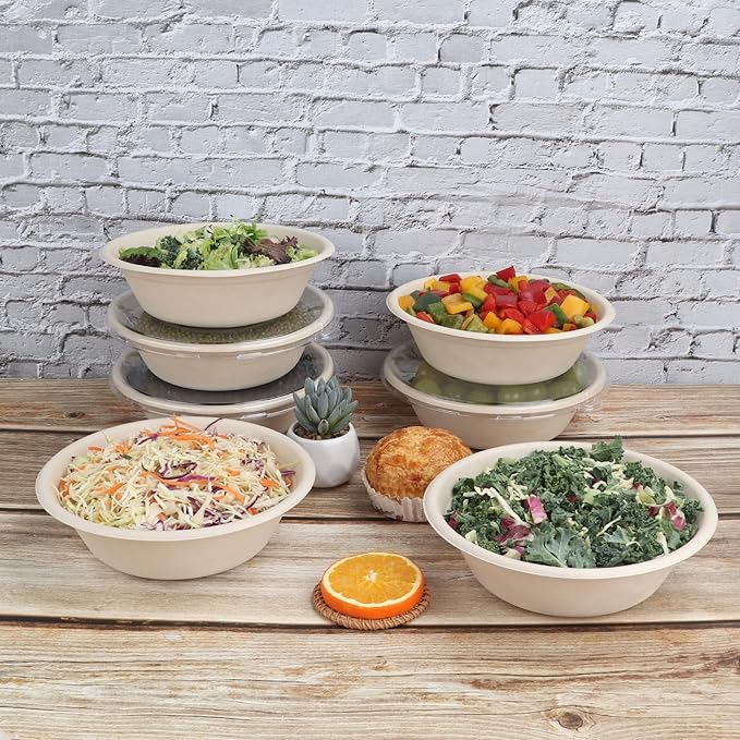 32 oz Round Disposable bowls with lids,Sugarcane Paper Bowls take away food containers Plant Fibers Freezer Safe 50 Pack