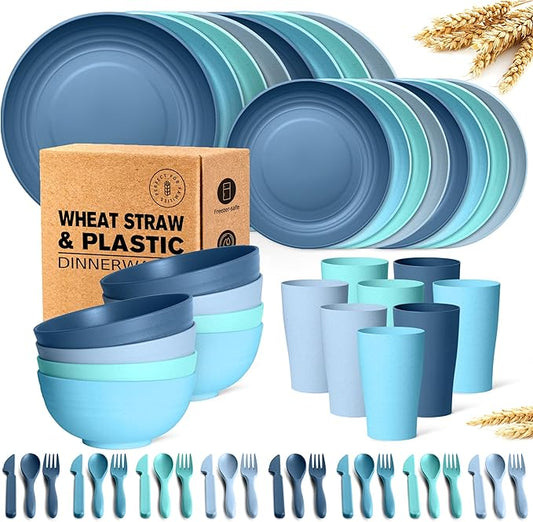 Teivio 32-Piece with Flatware Kitchen Plastic Wheat Straw Dinnerware Set, Service for 8, Dinner Plates, Dessert Plate, Cereal Bowls, Cups, Unbreakable Plastic Outdoor Camping Dishes, Ocean