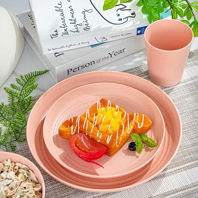 LIYH 48 Pcs Pink Wheat Straw Dinnerware Set, Plastic Plates and Bowls Dinnerware Set, Camping Dish Set for 12, Dishwasher Safe,Unbreakable Plates Reusable,Dish Sets Tableware