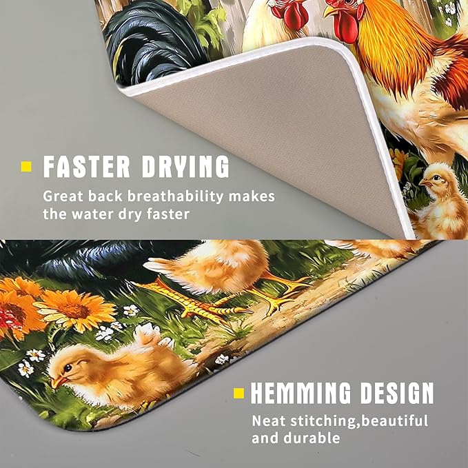 Rooster Chickens Dish Drying Mats 16x18 Inch,Farmhouse Wooden Fence Sunflower Microfiber Absorbent Quick-Dry Drainer Rack Sink Protector Pad for Kitchen Counter Decor