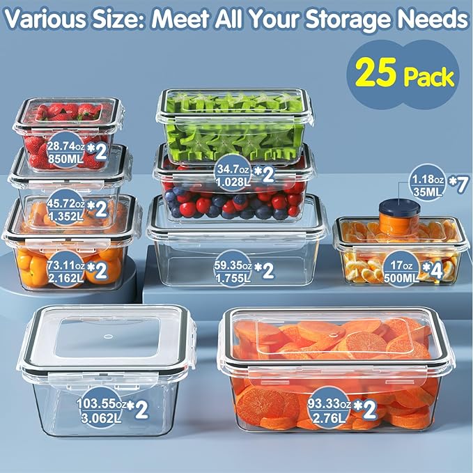 50 PCS Food Storage Containers Set, Plastic Food Containers for Pantry Kitchen Storage and Organization, Microwave and Dishwasher Safe, Leakproof & BPA-Free with Labels Pen(25 Containers & 25 Lids)