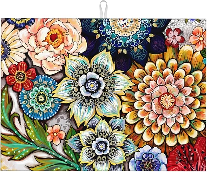 Boho Floral Dish Drying Mat for Kitchen Counter, 18 x 24 Inch Microfiber Dish Mats for Drying Dishes, Absorbent Large Dish Drying Pad Mandala Rack Mat Kitchen Decor