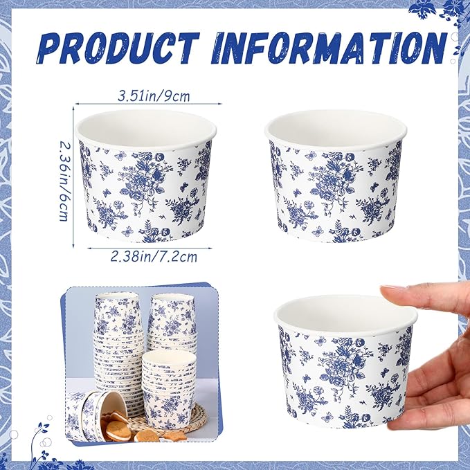 50 Pack Blue Floral Treat Snack Cups Floral Paper Ice Cream Cups 9 oz Summer Flower Disposable Dessert Bowls Paper Soup Bowls for Hot or Cold Food Wedding Baby Shower Birthday Party Supplies