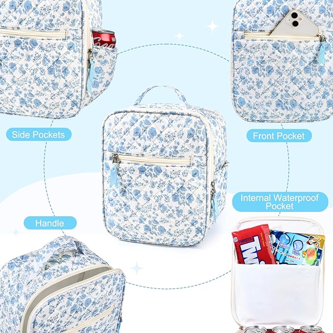 Aileam Lunch Box Lunch Bag for Women Cute Girls Insulated Womens Lunch Bag For Work Quilted Large Capacity Reusable Insulated Cooler for Work School Picnic Travel, Blue Flower