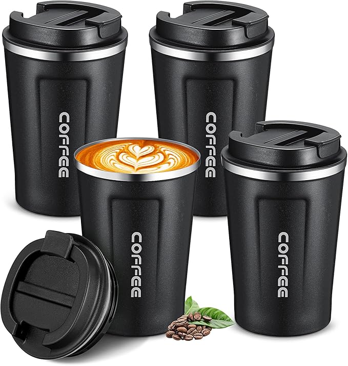 Sieral 4 Pcs 13 oz Travel Coffee Mug Insulated Reusable Coffee Cups with Leakproof Lid Stainless Steel Portable Tumbler for Keep Hot or Ice Milk Tea(Black)