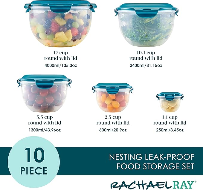 Rachael Ray Leak-Proof Nestable Container Food Storage Bin Set, 10-Piece, Clear with Teal Lids