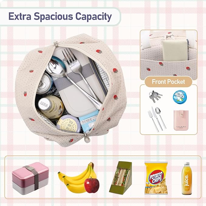 Strawberry Lunch Bag for Women,Insulated Lunch Tote Bag Cute Lunch Box Large Capacity Reusable Cooler for Work,Travel,Beach or Picnic