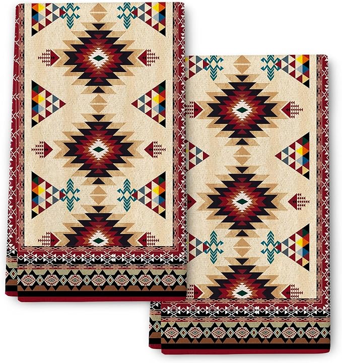 Western Aztec Boho Kitchen Towel Set of 2, Southwestern Native American Decorative Dish Towels Absorbent Red Vintage Hand Drying Cloth Holiday Housewarming Gifts Aztec Kitchen Decor 16"x24"