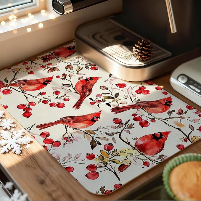 Christmas Red Cardinal Dish Drying Mat, Christmas Berry Tree Cardinal Coffee Bar Mat for Countertops, Rustic Xmas Absorbent Dish Drying Mats for Kitchen Counter Coffee Maker, 16x24 Inch