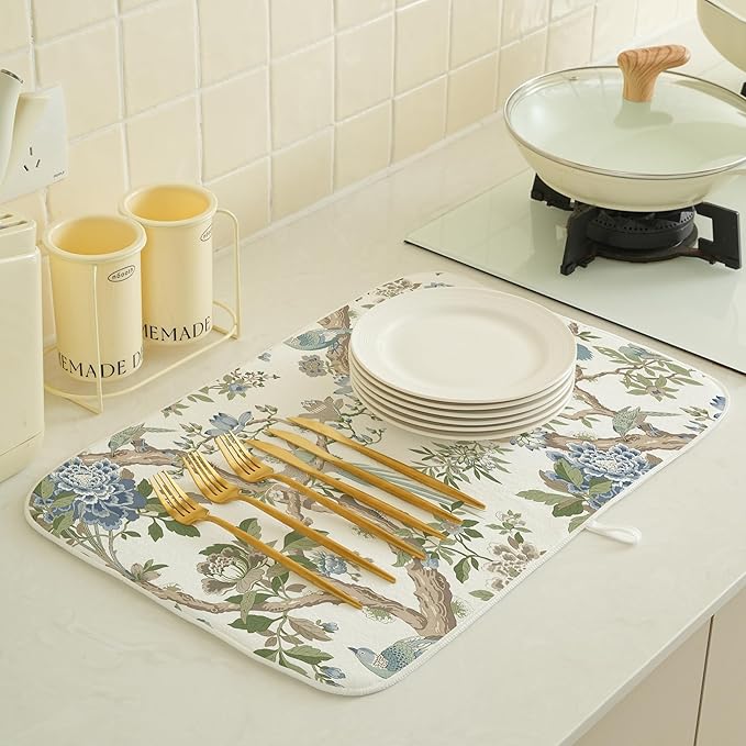 Blue Green Floral Bird Dish Drying Mats 18x24 Inch Blue Green Vintage Flowers Bird Chinoiserie Decorative Drying Mats Outdoor Kitchen Decor Coffee Bar Mat for Kitchen Dining Room