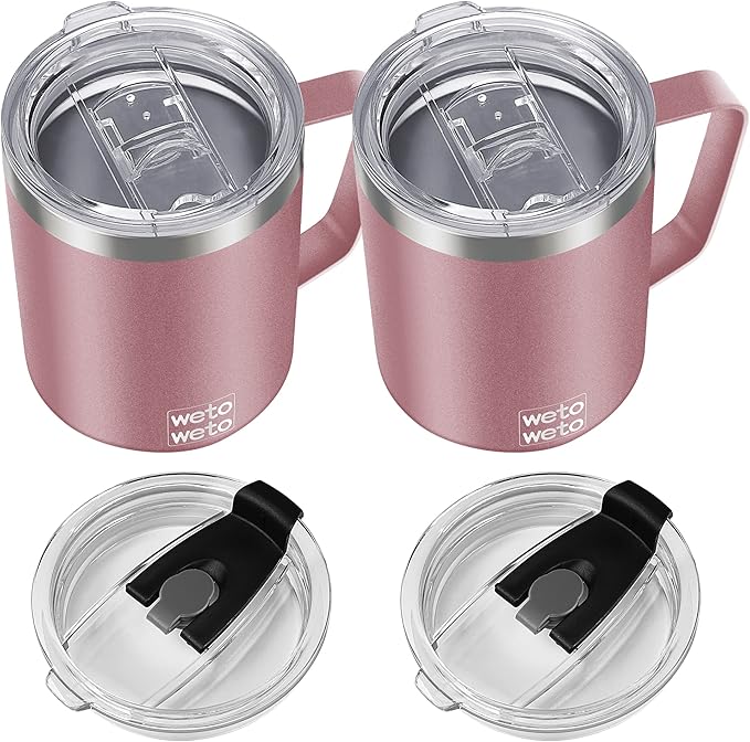 WETOWETO 14 oz Coffee Mug, Vacuum Insulated Camping Mug with Lid, Double Wall Stainless Steel Travel Tumbler Cup, Coffee Mugs Outdoor, Powder Coated Rose Gold Set of 2