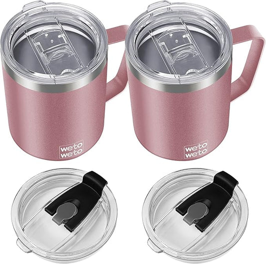 WETOWETO 14 oz Coffee Mug, Vacuum Insulated Camping Mug with Lid, Double Wall Stainless Steel Travel Tumbler Cup, Coffee Mugs Outdoor, Powder Coated Rose Gold Set of 2