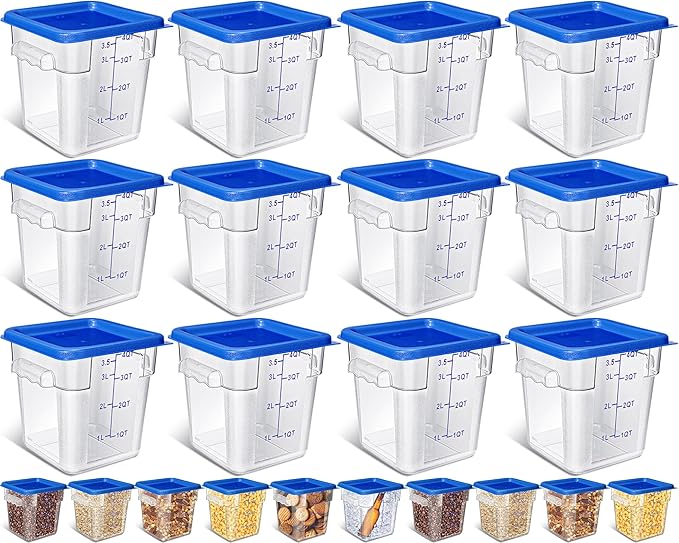 Yungyan 12 Pcs 4 Qt Commercial Food Storage Containers with Lids Restaurant Square Airtight Food Storage Containers Clear Cereal Containers for Kitchen Freezer Dishwasher Pantry(Blue Lid)