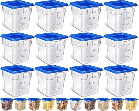 Yungyan 12 Pcs 4 Qt Commercial Food Storage Containers with Lids Restaurant Square Airtight Food Storage Containers Clear Cereal Containers for Kitchen Freezer Dishwasher Pantry(Blue Lid)