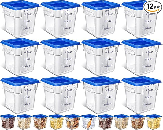 Yungyan 12 Pcs 6 Qt Commercial Food Storage Containers with blue Lids Restaurant Square Airtight Food Storage Containers Clear Cereal Container for Kitchen Freezer Dishwasher Pantry
