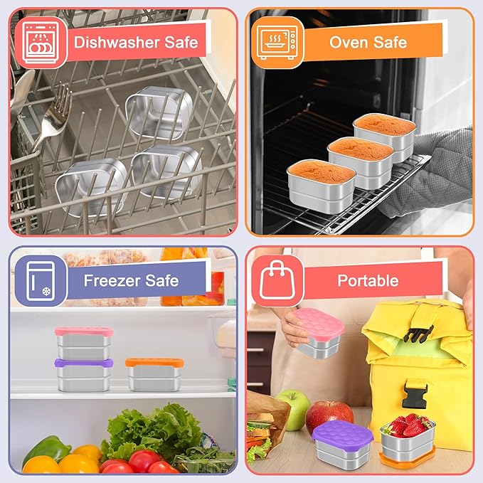 TeamFar 3 Pcs Stainless Steel Snack Containers for Kids, 8 OZ Small Food Container with Silicone Lid Easy Open Leak Proof, Metal Toddler Lunch Bento Box for Child Daycare School, MultiColor