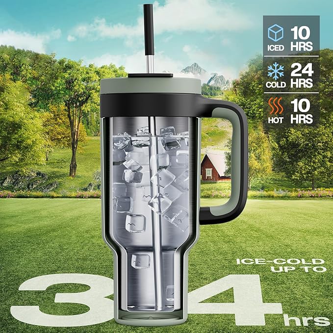 40 oz Tumbler with Handle, 2-in-1 Straw and Sip Lid, Leakproof, Dishwasher Safe, Insulated Stainless Steel Travel Coffee Mug, Keeps Cold for 34 Hours, Fits in Car Cup Holder (Agave)