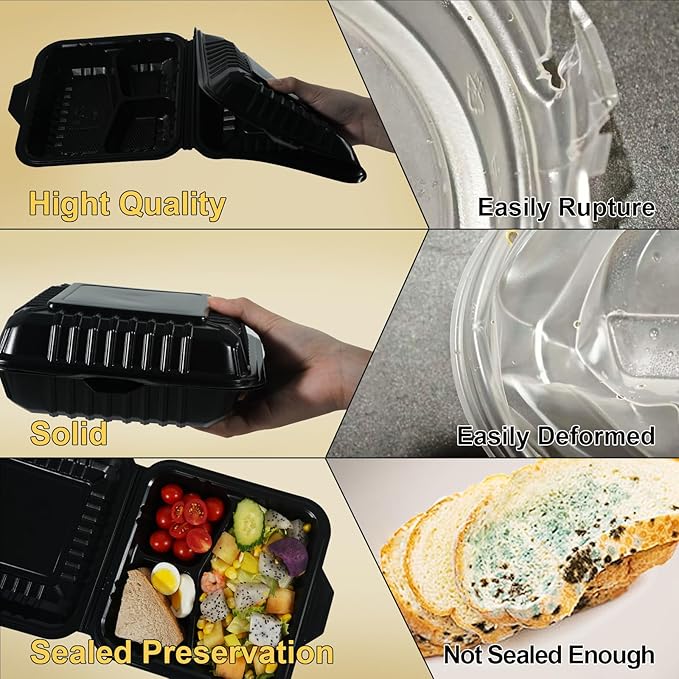 50-Pack 8x8 Inch Clamshell Take Out Food Containers|Lunch Containers with Compartments |Microwavable, Freezer Safe, Soak-Resistant, Durable, Stackable for Pasta Salad Sandwich(Black)