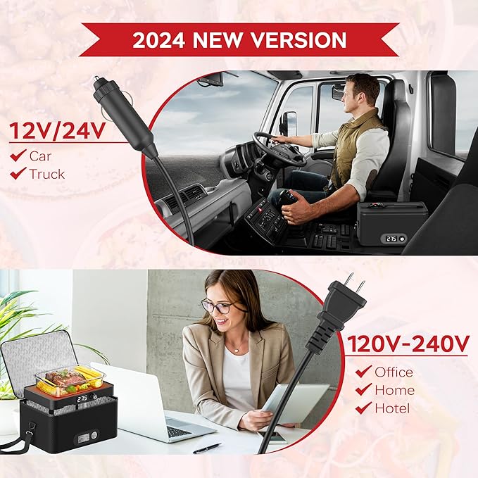 Portable Oven, 12V 24V 110V-240V Car Food Warmer Portable Personal Mini Oven Electric Heated Lunch Box for Meals Reheating & Raw Food Cooking for Road Trip/Camping/Picnic/Family Gathering(Red)
