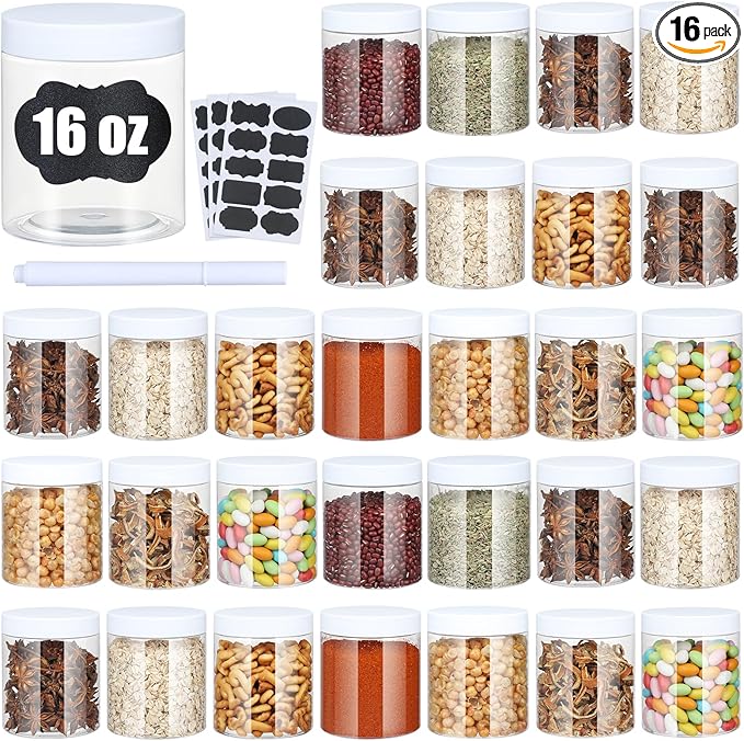 Plastic Jars with Lids,Airtight Container Ideal For Dry Food, Honey Jam, Peanut Butter,Cosmetics, Cream, Bathroom and Storage Included Extra Label and A Pen (30 PCS White Lids)