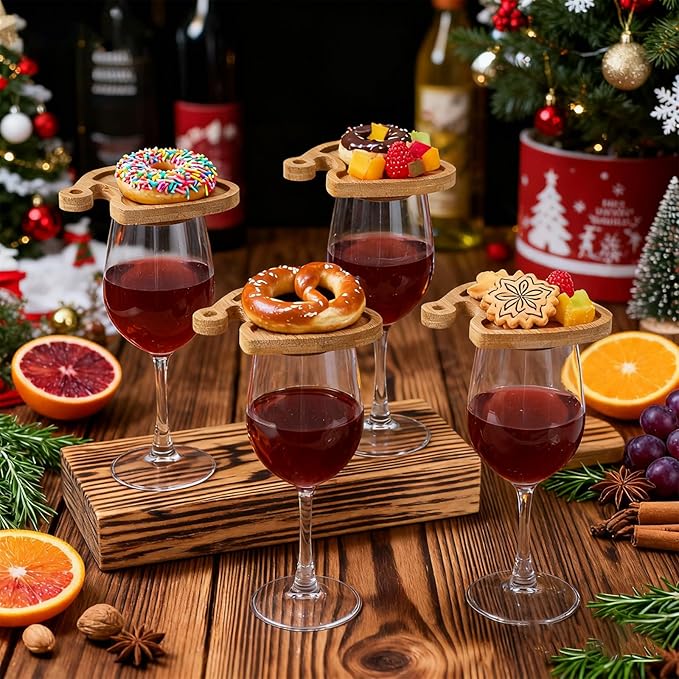 Roshtia 6 Pcs Wine Glass Charcuterie Topper, Christmas Wine Glass Charcuterie Topper, Funny Wood Appetizer Plates, Mini Santa Serving Trays for Outdoor Party Housewarming Gifts (Santa Hat)