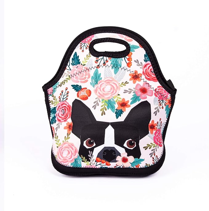 Boston Terrier Dog Florals Lunch Bag Cute Pug Lunch Bags for Women Kids Girls Men Teen Boys Insulated Waterproof Lunch Tote Colorful Flower Printed Box for Work Travel and Picnic