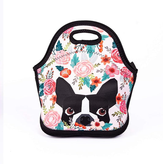 Boston Terrier Dog Florals Lunch Bag Cute Pug Lunch Bags for Women Kids Girls Men Teen Boys Insulated Waterproof Lunch Tote Colorful Flower Printed Box for Work Travel and Picnic