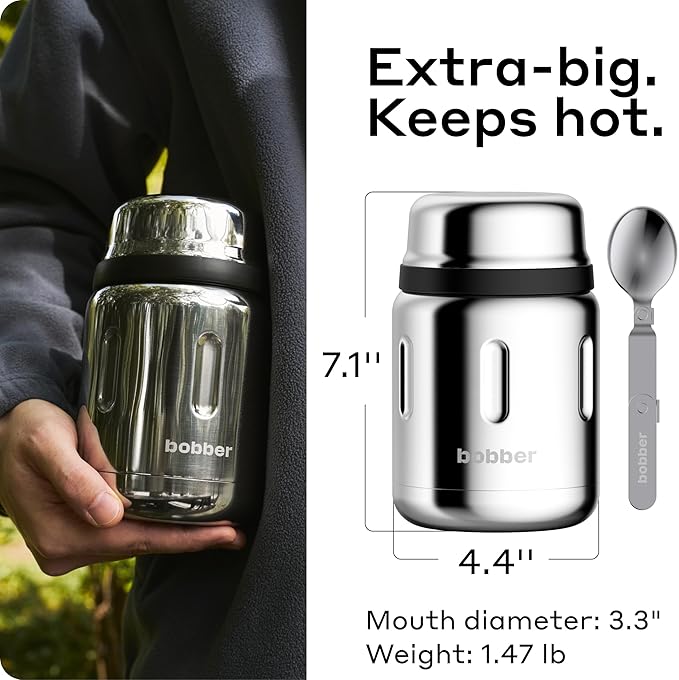BOBBER 24 Oz Stainless Steel Thermos Food Jar with Folding Spoon and Extra-Wide Mouth – Insulated Soup Thermos for Hot Food, Keeps Hot for 14 Hours and Cold for 20 Hours (Glossy)