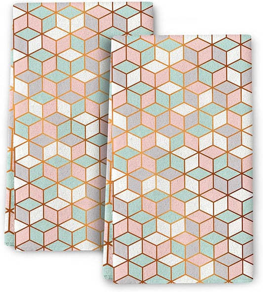 Pink Green Geometric Kitchen Towels Decorative Set of 2, Abstract Modern Dish Towels, Absorbent Hand Towels Tea Towels for Kitchen Decor,Farmhouse Holiday Home Dish Cloths