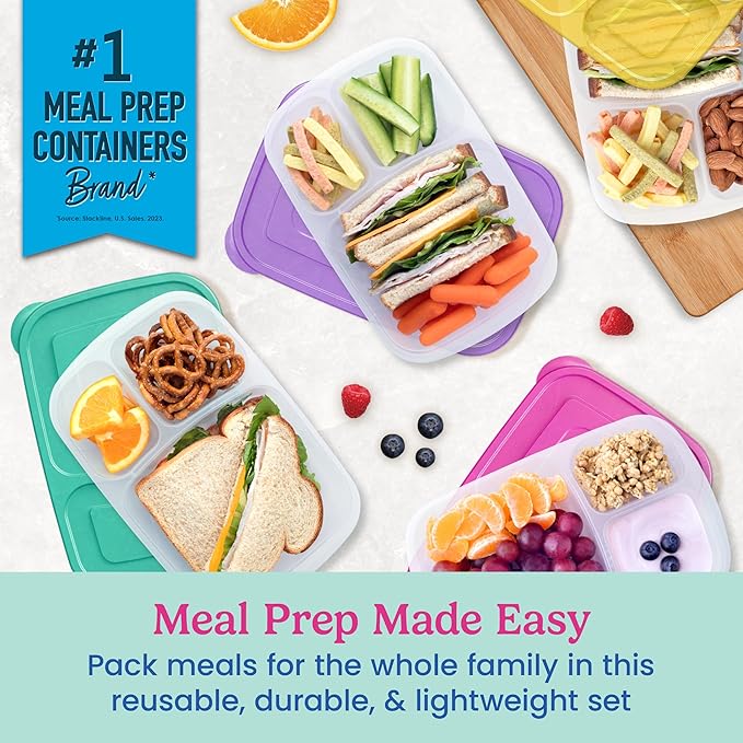Bentgo Easyboxes - Original Stackable Lunch Boxes - Reusable 3-Compartment Food Containers for Kids and Adults - Bento Lunch Box for Meal Prep, School, & Work - BPA Free, Set of 4 (Brights)