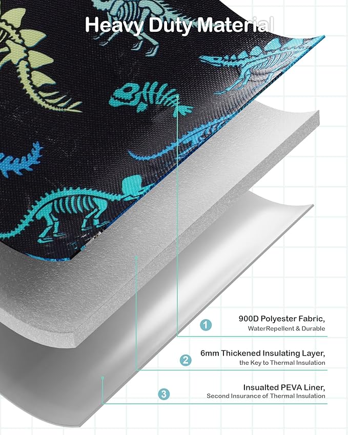 Bagseri Kids Lunch Bag Boys - Insulated Lunch Box for Kids Reusable Leak-Proof Boys Lunch Bag with Water Bottle Holder Toddler Lunch Box for Daycare and School, Black Dinosaur Fossil