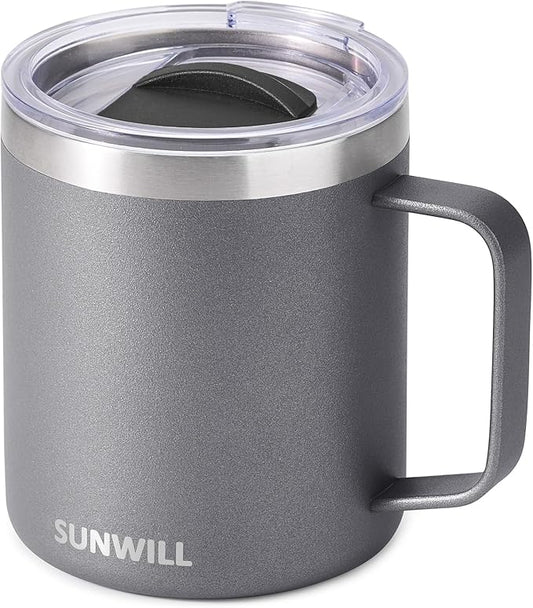 SUNWILL Travel Coffee Mug with Lid, Insulated Tumbler with Handle, 14 oz Stainless Steel Cup for Ice, Water, Tea, Powder Coated Cool Grey