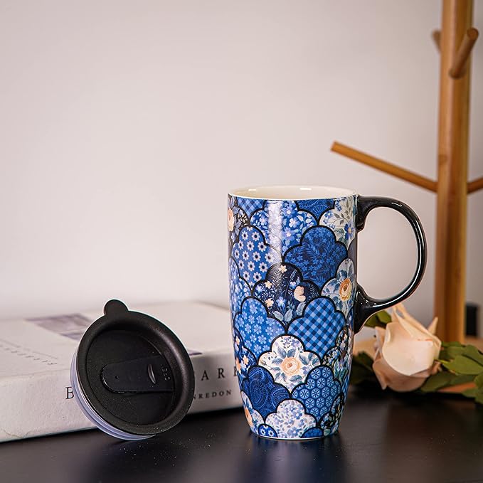 Topadorn Ceramic Mug Coffee Cup with Spill-Proof Lid Latte Mug for Home and Office with Gift Box,Blue