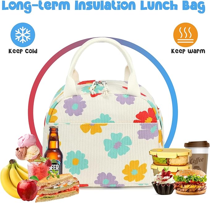Bluboon Lunch Bag for Women Men Cute Corduroy Insulated Lunch Box Large Capacity Reusable Insulated Cooler for Work Picnic Travel