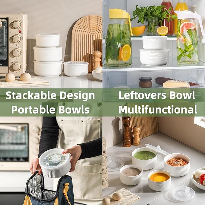 Ceramic Nesting Bowls with Lid: Microwave Safe Food Storage Containers for Work Lunch Picnic Camping Meal Prep Soup Salad Cereal Leftovers - 5 & 6 Inch, 20 & 32 oz, Set of 4, White