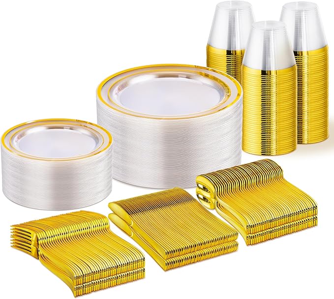 WELLIFE 300 PCS Clear Gold Dinnerware Set for 50 Guests, Clear and Gold Plastic Plates for Party, 50 Dinner Plates, 50 Salad Plates, 50 Cups Forks Knives Spoons for Wedding and Party Supplies