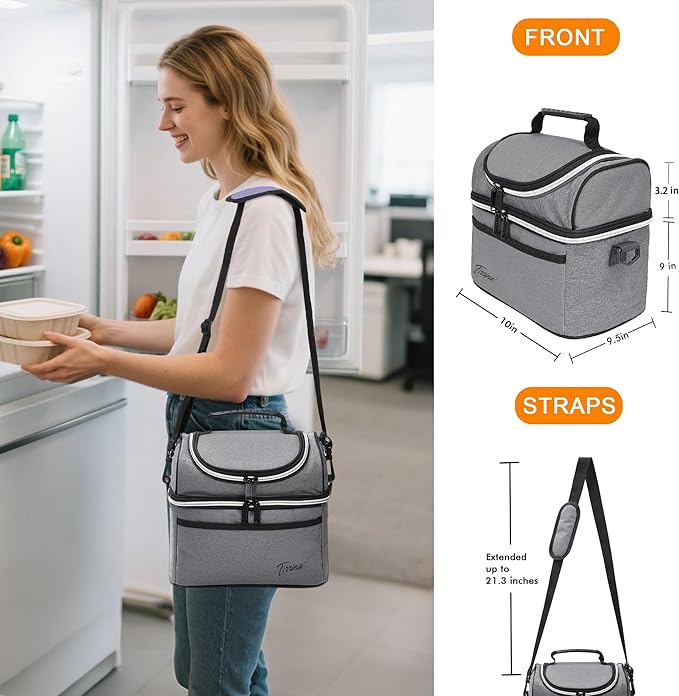 Tirrinia Reusable Lunch Box for Men Women, Insulated Lunch Bag Adult Work, Double Decker Leakproof Lunchbox for Office Picnic Beach—Dual Compartment Lunch Cooler Bag,Grey