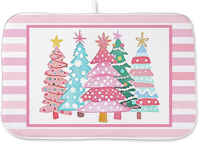 Christmas Dish Drying Mats 18x24 Inch Stripes Watercolor Pink Christmas Trees Star Drying Mats Xmas Winter Holiday Kitchen Decor Absorbent Drying Dish Pad for Kitchen Dining Room Counter