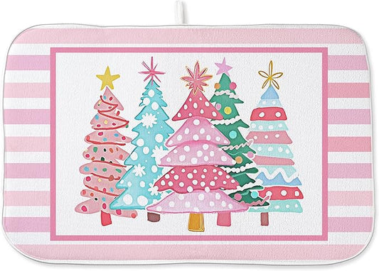Christmas Dish Drying Mats 18x24 Inch Stripes Watercolor Pink Christmas Trees Star Drying Mats Xmas Winter Holiday Kitchen Decor Absorbent Drying Dish Pad for Kitchen Dining Room Counter