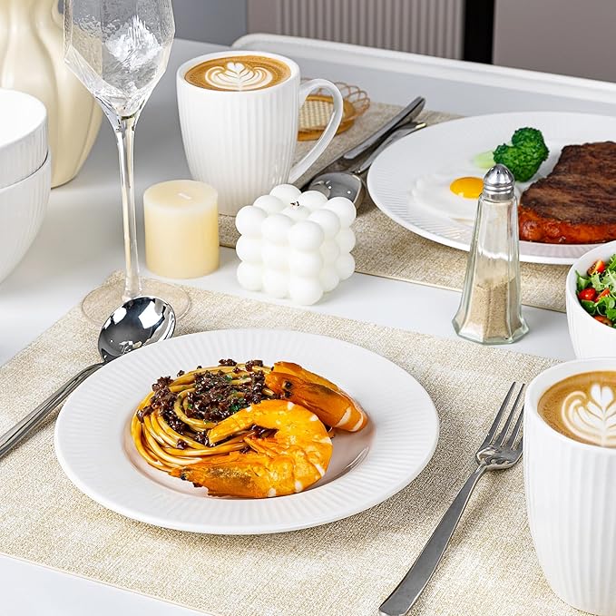 12 Piece Porcelain Dinnerware Sets for 4, White Plates and Bowls Sets with Embossed Stripe Decro, Elegant Kitchen Dish Sets - Dishwasher and Microwave Safe, QOMO-1996