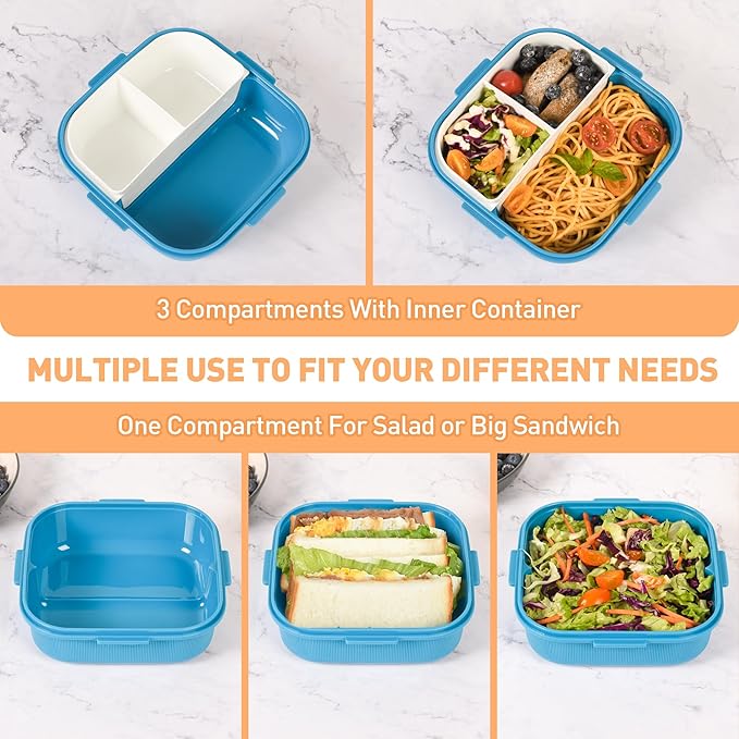 Bento Boxes with Removable Compartments for Kids & Adults,1000ML Lunch Box with Spoon & Water Cup,BPA-Free,Microwave & Dishwasher Safe (Blue)