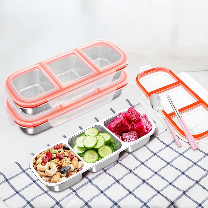 4 Pack Stainless Steel Snack Containers, 2/3 Compartment Metal Lunch Box, Leak Proof Snack Containers with Lids, with Fork and Spoon for School, Work, Travel (4pcs 3 Grids Lunch Box)