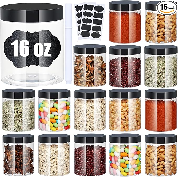 Plastic Jars with Lids, 16 oz Plastic Containers with Lids Clear Airtight Container Storage Jar Mason Jars for Dry Food Peanut Butter Honey Jam Cosmetics, Pack of 16 (16 PCS Black Lids)